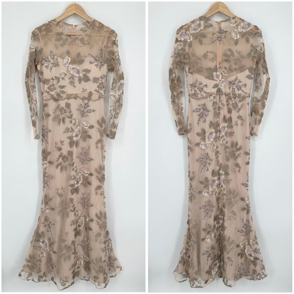 Lotus Threads Floral Illusion Gown Maxi Dress Embroidered Sheer Long Formal Nude
